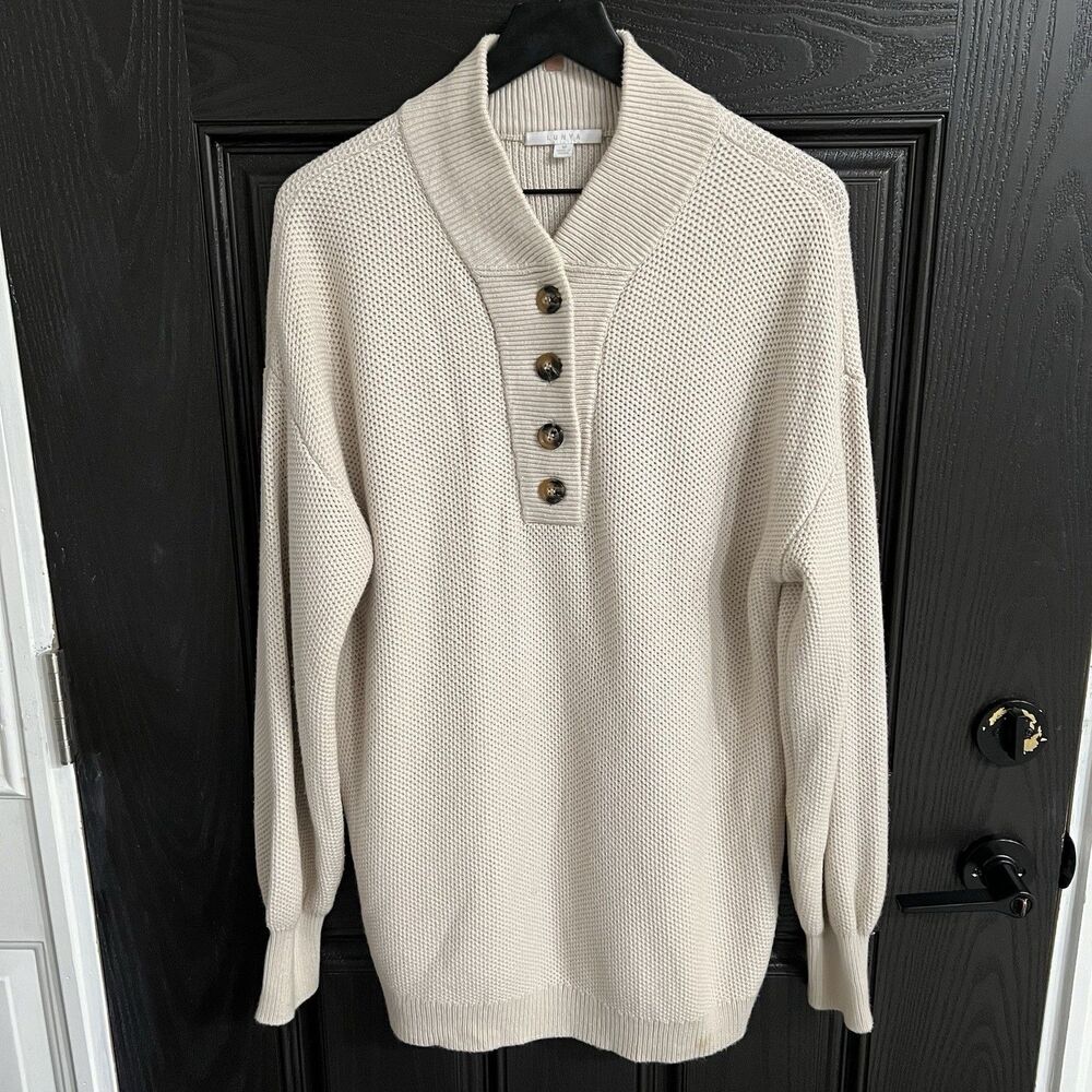 Lunya Cozy Cotton Silk Pocket Henley sweater Size M Beige
